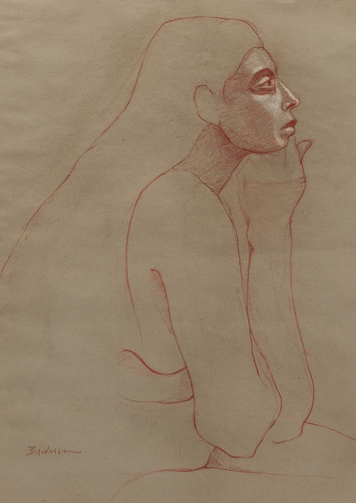 Robert Broderson, Profile of Woman in Contemplation: Robert Broderson (1920-1992 North Carolina, Connecticut) profile of woman in contemplation, red chalk on paper, signed lower left, "Broderson". Framed and matted under glass in painted moulded frame w