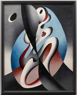 Philip Perkins O/C Painting, "Kaleidoscope," c. 1951: Philip Perkins (Tennessee, 1907-1970), "Kaleidoscope," oil on canvas surrealist influenced abstract painting featuring geometric, undulating forms rendered in shades of blue, red, and gray, intertwini