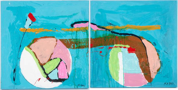 Pair of Harold Kraus abstract paintings, Circles: Diptych or pair of two (2) abstract mixed media paintings by Harold Kraus (American/Tennessee, b. 1940s), both featuring thickly applied colorful oil paints in the shape of circles, reminiscent of bic