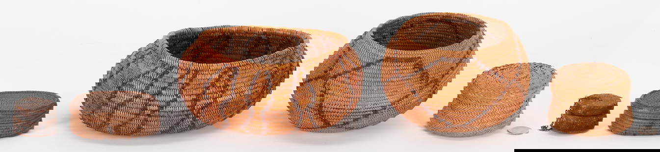 5 Native American Baskets: Assembled group of Native American baskets including one (1) oval coiled basket with vertical zigzag decoration and natural and dyed sumac weavers, possibly Panamint, one (1) round coiled bowl basket