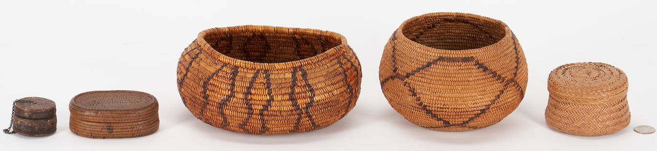 5 Native American Baskets: Assembled group of Native American baskets including one (1) oval coiled basket with vertical zigzag decoration and natural and dyed sumac weavers, possibly Panamint, one (1) round coiled bowl basket