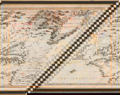 John Speed 1676 Map of Virginia, Maryland, and Chesapeake Bay: A MAP OF VIRGINIA AND MARYLAND by John Speed, 1676, engraved by Francis Lamb. London: Thomas Basset and Richard Chiswell. Hand colored. In addition to showing parts of Virginia and Maryland, the map a