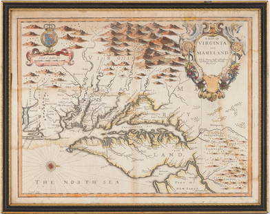 John Speed 1676 Map of Virginia, Maryland, and Chesapeake Bay: A MAP OF VIRGINIA AND MARYLAND by John Speed, 1676, engraved by Francis Lamb. London: Thomas Basset and Richard Chiswell. Hand colored. In addition to showing parts of Virginia and Maryland, the map a