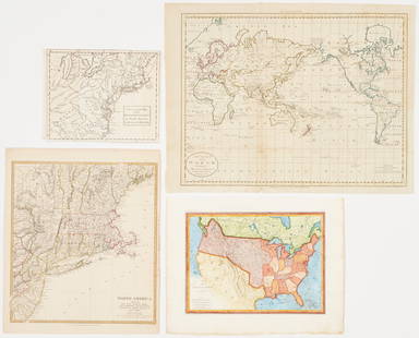 4 Early American Maps: Overton, Thierry, Captain Cook, & SDUK: 1st item: AN ACCURATE MAP OF THE ENGLISH COLONIES IN NORTH AMERICA BORDERING ON THE RIVER OHIO. Printed map describing New England, New York, New Jersey, Pennsylvania, Maryland, Virginia, North Caroli