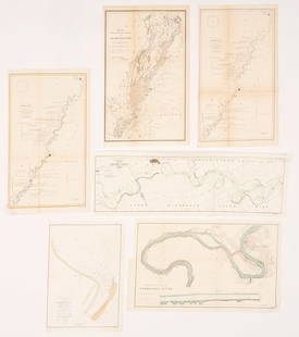 6 Mississippi and Tennessee River Maps: Six (6) Late 19th century river maps featuring the Mississippi or Tennessee River. 1st item: Foldout map titled, 'IMPROVING MISSISSIPPI RIVER, 1st & 2nd districts showing existing levees and work done