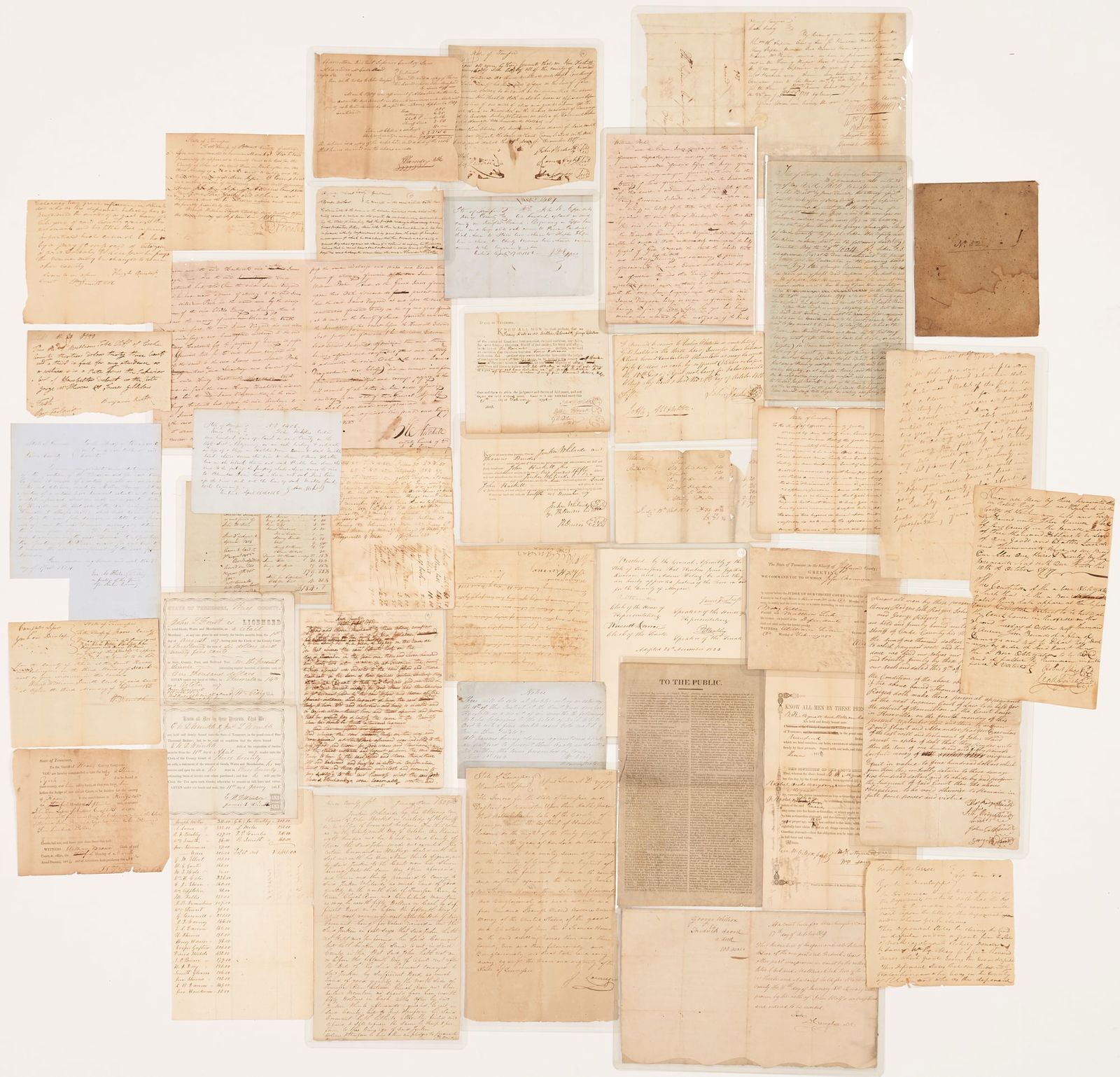 Group of East TN Documents, 1795-1857 incl. Knoxville, Hawkins Co. and more: Thirty-nine (39) documents related to early life in East Tennessee, including mentions of slaves, a duel, signatures of Charles McClung, Hugh White, Alexander McCall, James C. Mitchell, James Fentress