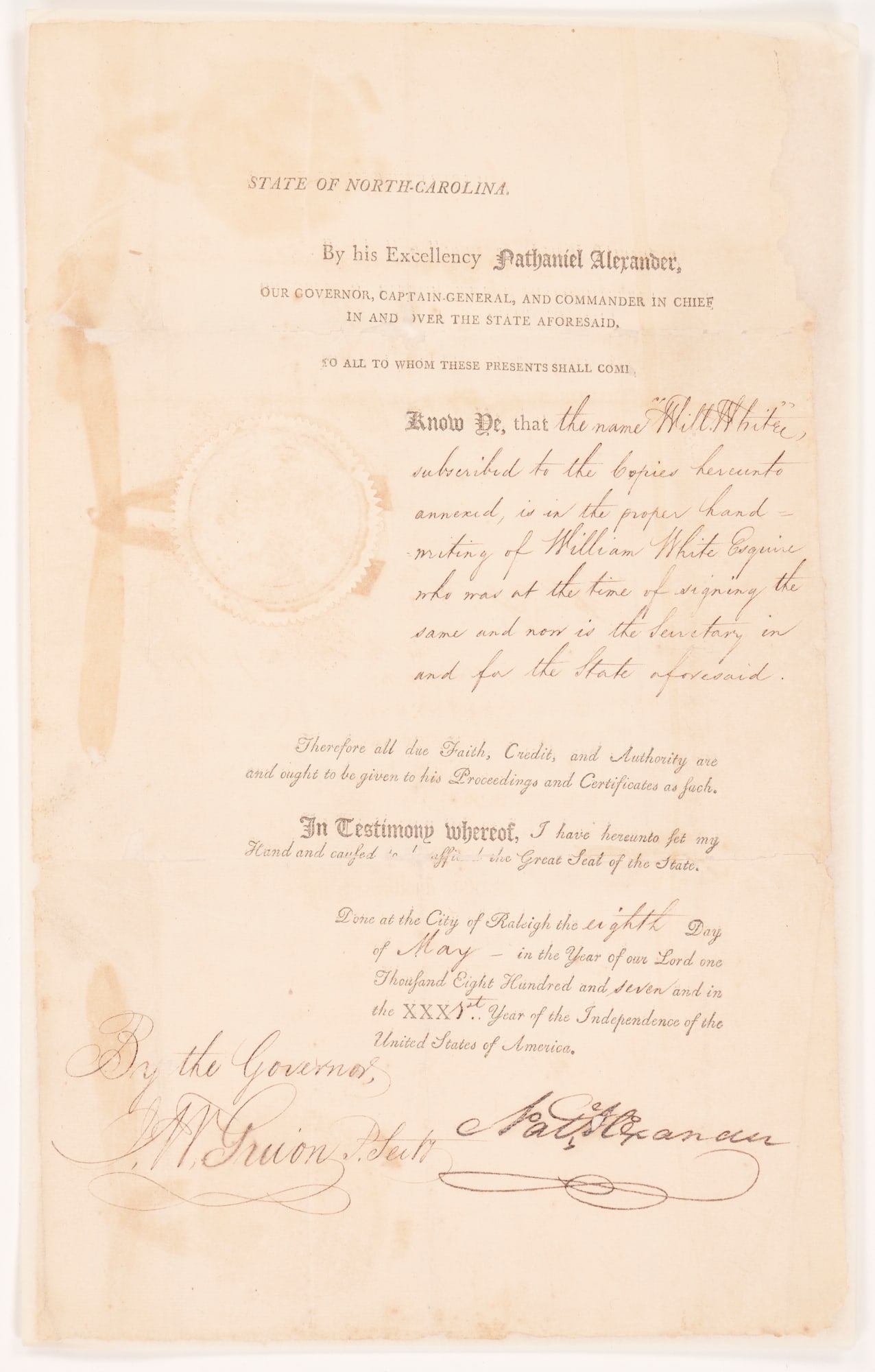 Rare 1807 NC Gov. Nathaniel Alexander Signed Certification of Will White (1 of 6)