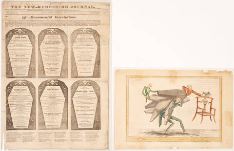 Andrew Jackson Coffin Handbill and Political Cartoon: 1st item: The New Hampshire Journal, Oct. 20 1828, newspaper with a "Coffin Handbill" presidential campaign broadside attacking Andrew Jackson on the front page. 4 pp. Note: The Presidential campaign