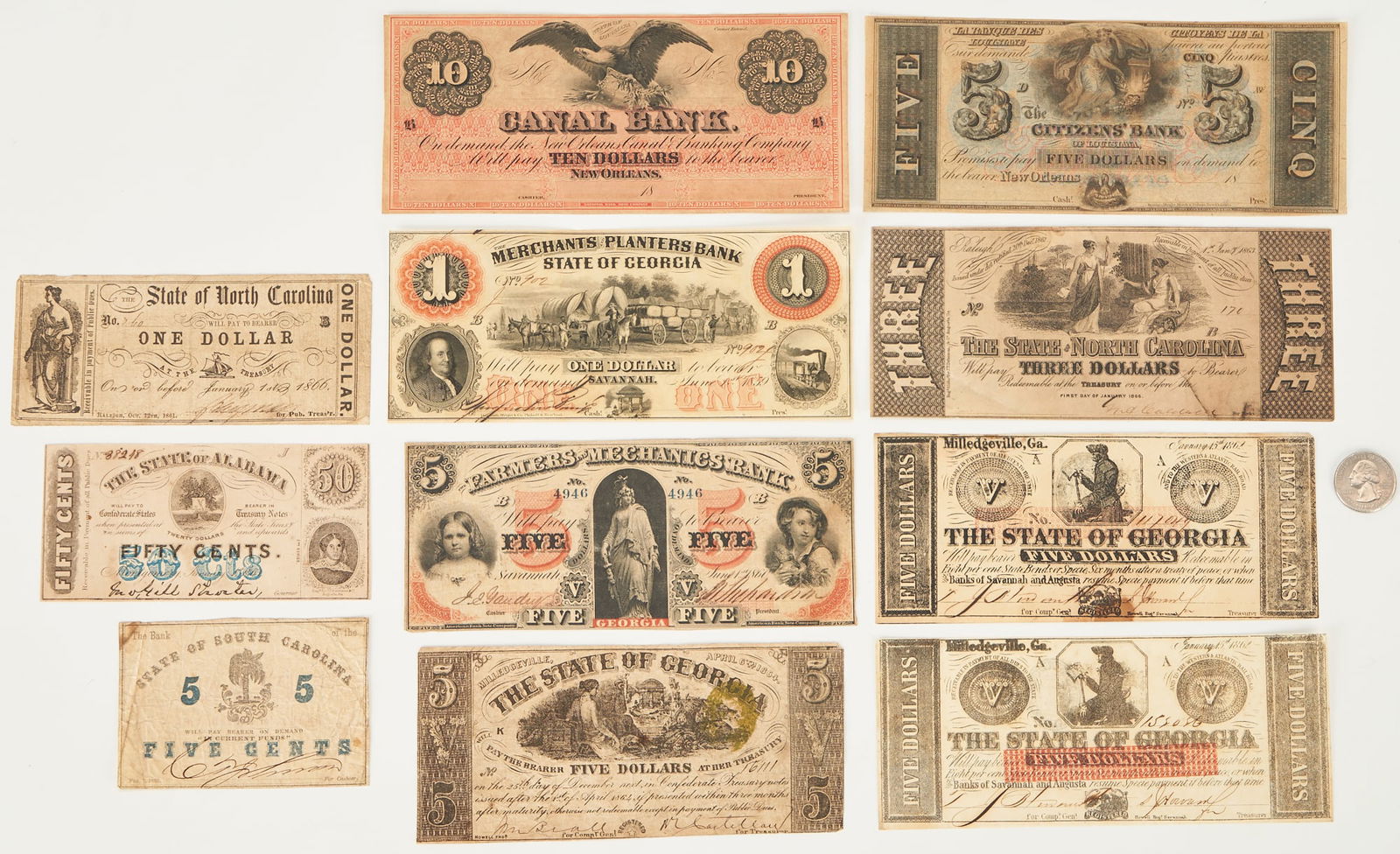 11 Southern Obsolete Currency Notes, incl. GA, NC, SC & LA (1 of 10)