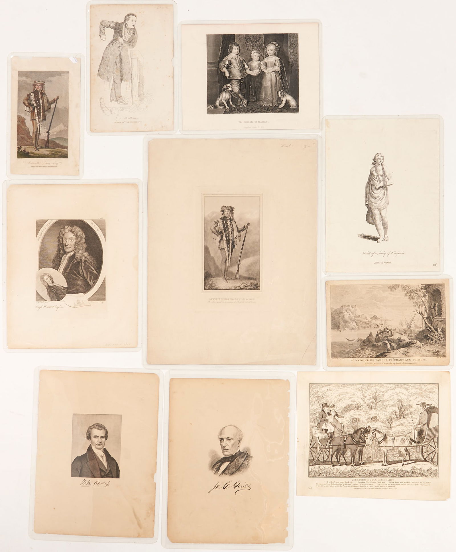 10 Early Prints including Meriwether Lewis, Native American VA Portrait: 10 Engravings and other prints of subjects including Meriwether Lewis after St. Memin, a Virginia Native American woman, the children of Charles I after Anthony van Dyck, John Quincy Adams, J.C. Hobho
