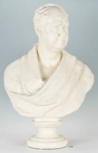 After Shobal Clevenger, large plaster bust, poss. Jeremiah Mason: Painted plaster bust, possibly after Shobal Vail Clevenger (1812-1843), depicting an unidentified older, balding gentleman, atop a circular integral base. The sculpture bears a strong resemblance to t