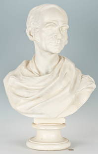 By or After Shobal Clevenger, Bust of Amos Lawrence: Painted plaster portrait bust by or after Shobal Vail Clevenger (American, 1812-1843), depicting Amos Lawrence (1786-1852), the prominent Boston textile merchant, philanthropist, and father of Amos