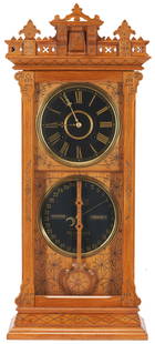 Ithaca Belgrade 6 1/2 Double Dial Calendar Clock: Ithaca Belgrade No. 6 1/2 Double Dial Calendar shelf clock. Ash case, pierced pediment, and conforming pendulum with geometric and floral decoration typical of the Eastlake period. Black 8 in. stepped