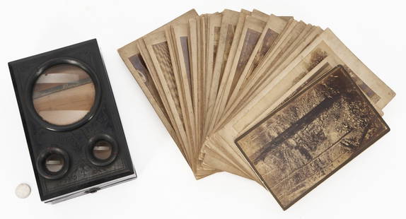 Graphoscope with 53 Photographic Cards: Ebonized wood and glass "Souvenir de Paris" table top stereo graphoscope with fifty-three (53) stereoview photographic cards depicting scenic views of England. Majority of cards are untitled, makers a