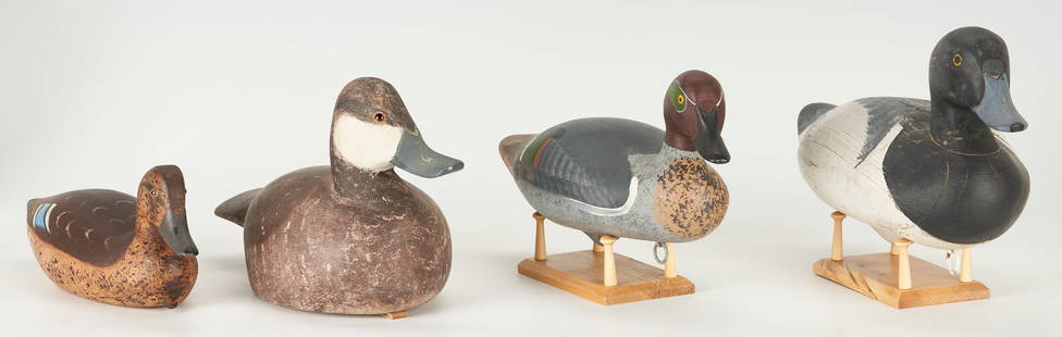 4 Contemporary American Decoy Ducks, 3 Signed: Grouping of four (4) contemporary carved and painted wood duck decoys including; one (1) Wood Duck decoy signed and dated by Capt. Hary R. Jobes, 1983; one (1) Gadwell Hen decoy signed by Roy Shanklin