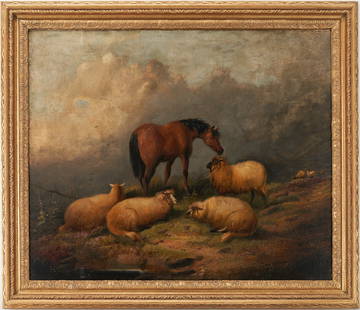 British School O/C Pastoral Painting of Sheep & Horse, 19th C.: British School, manner of William Henry Watson (1831-1921), oil on canvas pastoral painting of a pony and four sheep on a rural hillside, with two more sheep visible in the distance at right. Illegibl