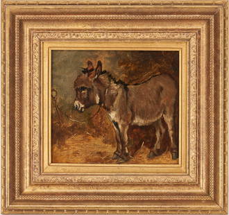 19th/Early 20th Cent. O/B Painting of a Donkey: Small late 19th or early 20th century oil on board painting of a donkey tied to a metal ring and standing in a hay-filled barn. Unsigned. With illegible pencil inscription en verso. Housed in an ornat