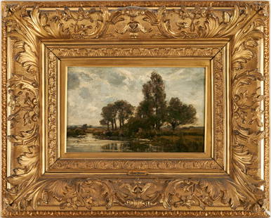 Jose Weiss O/B Barbizon Style English Landscape Painting, On the Thames: Joseph Vincent Nicholas Francis Weiss (English/French, 1859-1919), known as Jose Weiss, small oil on board British landscape painting entitled "On the Thames" depicting three trees growing along the s