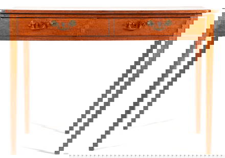 Southern Federal Mahogany 2- Drawer Desk or Writing Table: Southern Federal mahogany or walnut desk, writing or side table, yellow pine secondary, with rectangular top over two horizontal drawers standing on four tapering straight legs, each drawer with brass