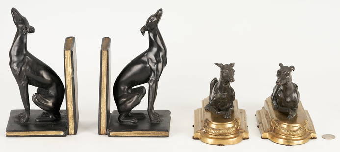 2 Pairs of Whippet Bookends: Two (2) pairs of bookends, likely European, in the form of whippets including one black and gilt painted ceramic pair depicting whippets standing upon a book and next to an upright book (9" H x 5" W x