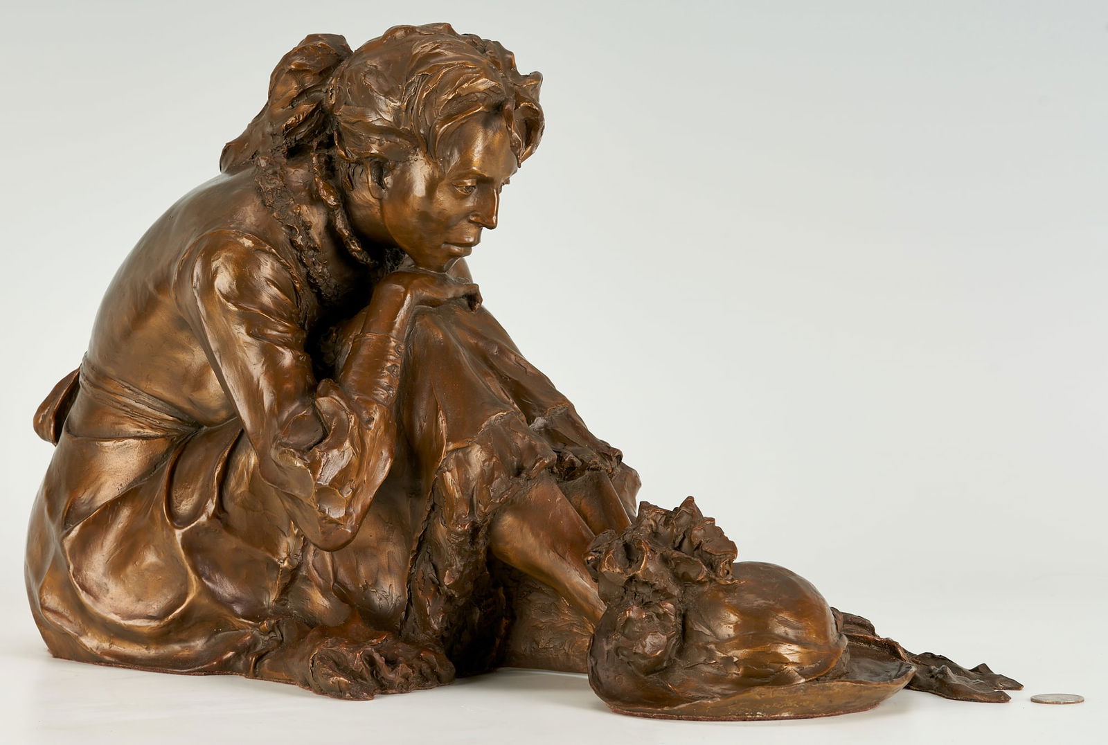 Scott Rogers Bronze Sculpture, Other Side of Seventeen: David Scott Rogers (Texas/Utah, b. 1960/61) bronze sculpture titled "Other Side of Seventeen" depicting a seated young lady in ponder wearing a dress with hat by her feet. Signed, dated, and numbered