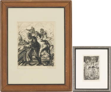 Clarence Zuelech WPA Drawing, Black Men at Work, 1937, plus John Sloan Etching: 1st item: Clarence Edward Zuelech (American/Ohio, 1904-1973) WPA-era charcoal drawing depicting African American men pushing a car in the foreground while other men labor behind them against an abstra