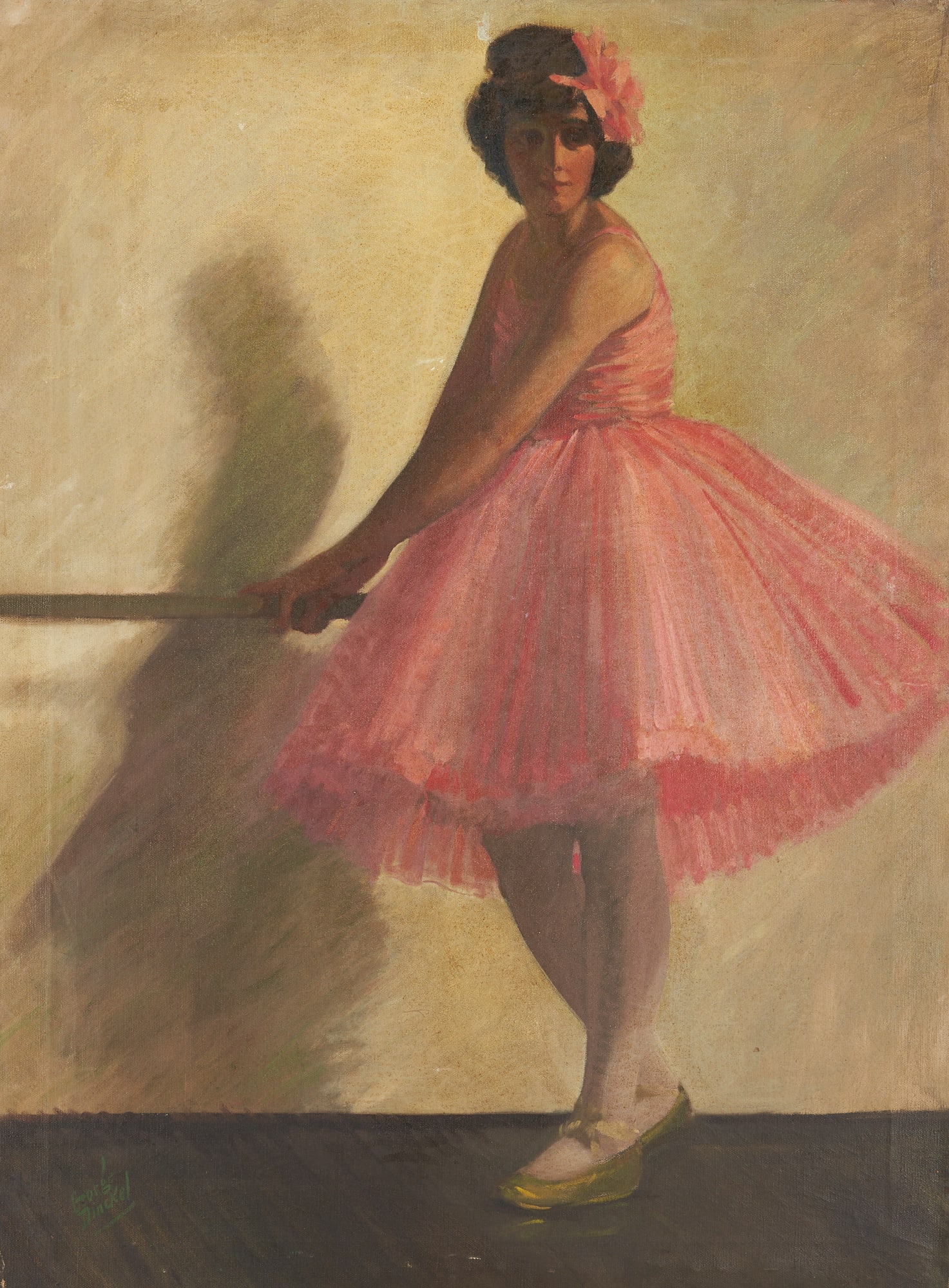 George Dinckel Oil on Canvas Portrait of a Dancer: George Dinckel (American/Ohio, 1891-1976) oil on canvas painting depicting a ballet dancer standing at the barre in a contrapposto pose with both hands on the barre, casting a shadow on the wall behin