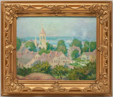 American School 20th c. Coastal Landscape, poss. Massachusetts: American School, early to mid 20th century, oil on canvas bird's eye view of a coastal town, possibly Gloucester, Massachusetts, overlooking a harbor with sailboats, and roofs and treetops in the fore