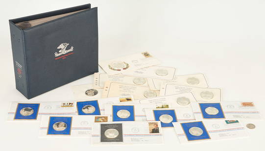 29 Postmaster Commemorative Coins & 6 Franklin Mint Sterling Silver Coins: 1st item: Group of 23 vintage 1972 & 1973 "Postmaster of America Commemorative Issue" sterling silver coins/medallions and "First Day of Issue" canceled stamps in original packaging. Issued by "Willia