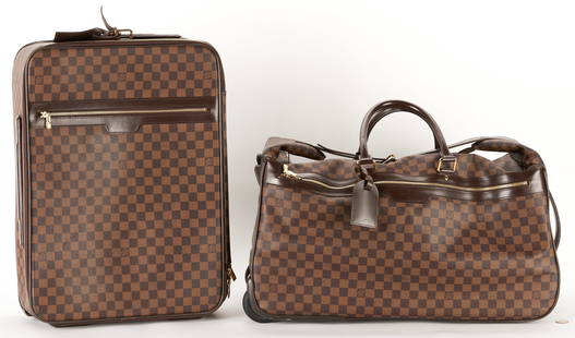 2 pcs. Louis Vuitton Luggage, Pegase Damier 55 & Damier Ebene Eole Convertible Duffle: Two (2) pieces of Louis Vuitton luggage items. 1st item: Pegase Damier 55 carry-on having a telescoping handle, double zip closure, front zipped pocket, polyamide lining, and two interior zipped pocke