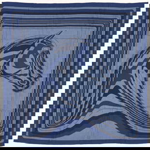 Hermes Cashmere & Silk Shawl, 140 Pegase Paysage: Hermes shawl or scarf, 140 Pegase Paysage, designed by Christian Renonciat. Hand-rolled edges (70% cashmere, 30% silk) in colors of bleu chine and marine. Retains the original retail tag and box. 56"