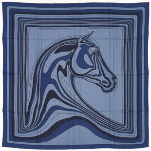 Hermes Cashmere & Silk Shawl, 140 Pegase Paysage: Hermes shawl or scarf, 140 Pegase Paysage, designed by Christian Renonciat. Hand-rolled edges (70% cashmere, 30% silk) in colors of bleu chine and marine. Retains the original retail tag and box. 56"