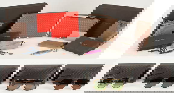 8 Bottega Veneta Accessory Items: Pouch, Travel Wallet, Lanyard, Keychain & Sunglasses: Grouping of eight (8) Bottega Veneta accessories. 1st - 4th items: one (1) red intrecciato leather zippered pouch (6" H x 9 3/4" W); one (1) dark taupe intrecciato leather travel wallet (5" H x 8 1/2"