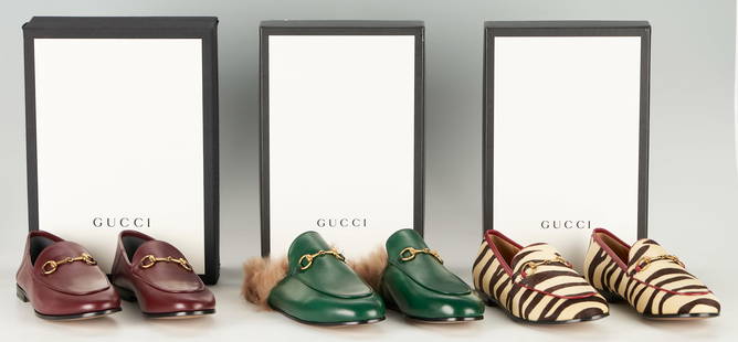 3 Pairs Gucci Leather Loafers or Slides: Three (3) pairs of Gucci leather shoes including one (1) pair of Agnello Plonge flat loafers, vintage bordeaux color, size 39; one (1) pair of Betis Glamour fur lined mules, emerald green color, size