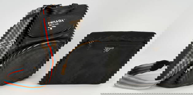 2 Prada Travel Bags, Backpack & Beauty Case: 1st item: Prada travel items including: a black pebbled leather backpack having a drawstring top and front zip pocket and two sets of straps including striped version. Retains the original box, dust c