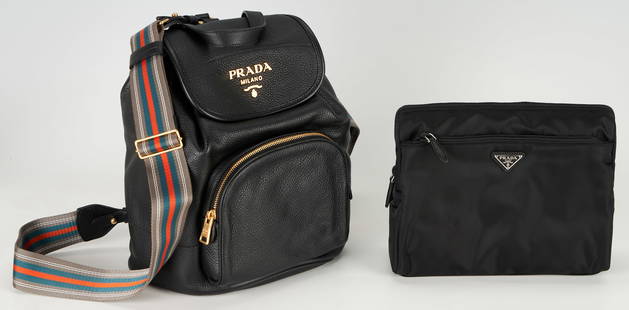 2 Prada Travel Bags, Backpack & Beauty Case: 1st item: Prada travel items including: a black pebbled leather backpack having a drawstring top and front zip pocket and two sets of straps including striped version. Retains the original box, dust c