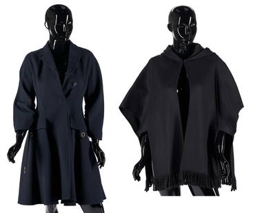 Dior Manteau Wool Coat & Double-Face Cape: Two (2) Dior overcoats, including one (1) Christian Dior Manteau Bleu Marine structured long wool coat with fitted waistline, swing bottom, gold-toned branded clasps, hidden button placket, and drawst