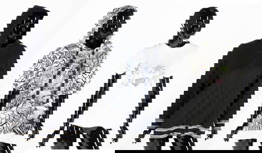 3 Dior Garments, incl. Cashmere Pullover: Three (3) Dior ladies' clothing items, including one (1) oversized black and white knit cashmere pullover with hood and three-quarter sleeves, size 8 or European 40; one (1) cotton "Love Forever" crea