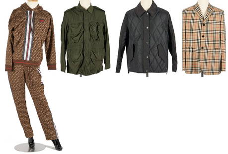 5 Burberry Men's Garments: Five (3) Burberry men's clothing items including: one (1) green coat with gathers and four flap pockets with snap closures, includes attached retail tag, size Small; one (1) monogram stripe print hood