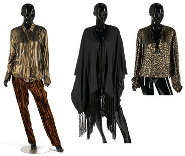 4 Saint Laurent & 1 BCBG Max Azrai Garments: Five (5) designer ladies' clothing items. 1st-4th items: Four (4) Saint Laurent items, including one (1) silk-blend leopard peasant blouse in metallic black and gold with keyhole neckline and tassels,