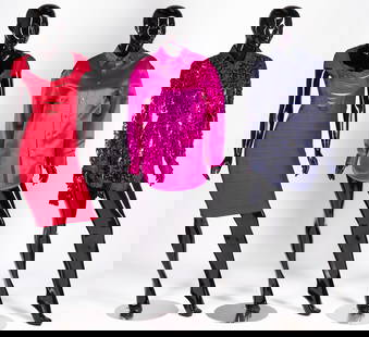 3 Couture Garments, incl. Herve Leger & Balenciaga: Three (3) designer ladies' clothing items, including one (1) Herve Leger "Anne" rouge dress with drape fringe insert, allover bandage construction, and zip back, size Small; one (1) Balenciaga oversiz