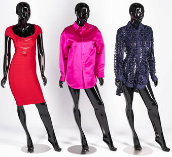 3 Couture Garments, incl. Herve Leger & Balenciaga: Three (3) designer ladies' clothing items, including one (1) Herve Leger "Anne" rouge dress with drape fringe insert, allover bandage construction, and zip back, size Small; one (1) Balenciaga oversiz