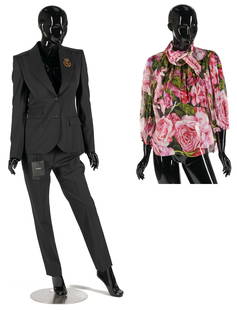 3 Dolce & Gabbana Garments, incl. Ladies' Suit: Three (3) Dolce & Gabbana ladies clothing items, including a two-piece (2) wool pants suit with a single-breasted blazer having an embroidered crest, three flap pockets, and contrasting lavender stitc