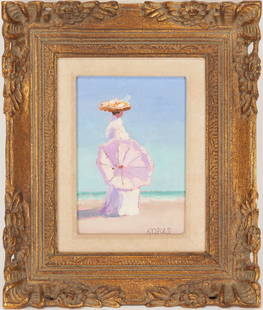 Harold Kraus O/B Painting, Sunlight: Harold Kraus (Tennessee, b. 1940s) small oil on board painting entitled "Sunlight" depicting a woman in Edwardian dress holding a parasol and standing on a beach while looking out over the ocean.