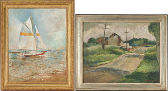 2 American School Oil Landscape Paintings, incl. Signed Meredith: 1st item: Oil on board landscape painting depicting a barn and power lines. Signed "Helen C. Meredith '45" in red, lower right, and additionally signed en verso. Label from Bennett Galleries, Knoxvill