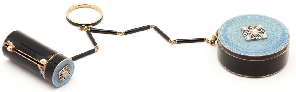 Tiffany & Co. 14K Enamel Compact & Lipstick: Tiffany & Co. Ladies 14K yellow gold and enamel compact and lipstick holder, featuring six (6) round brilliant diamonds, approximately 0.23 carats total weight, Clarity-SI1, Color-I. The two items are