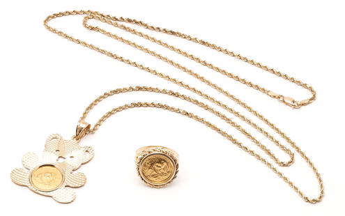 14K Necklace & Ring w/ Chinese Panda Gold Coins: 1st item: Ladies 14K yellow gold rope necklace with 14K yellow gold bear pendant featuring a 1/20 ozt Chinese Panda gold coin. The necklace and pendant are marked "14K" and XRF test 14K gold. The Pand