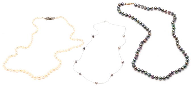3 Pearl Necklaces, incl. Mikimoto: 1st item: Ladies pearl necklace featuring seventy-seven (77) Tahitian cultured pearls approximately 7mm each. The necklace clasp is marked "14K" and XRF test 14K gold. The necklace is 22" L. 2nd item: