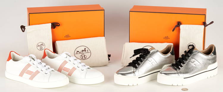 2 Pairs Hermes Sneakers, incl. Voltage: Two (2) pairs of Hermes sneakers including one pair of "Voltage" sneakers in Madame calfskin with platform sole and silver metallic finish, size 39 and one pair of Avantage calfskin sneaker in white a
