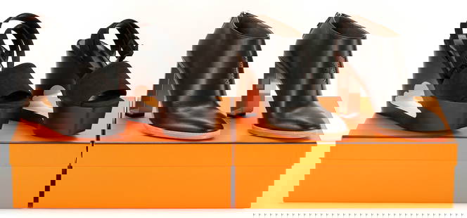 2 Pairs Limited Edition Hermes Heels, incl. Cloud Sandal: Two (2) pairs of limited edition Hermes heels. 1st item: Black wooden wedge sandals from the Spring-Summer 2019 collection with punch-out cloud design to heel; suede open toe, ankle strap, and buckle;